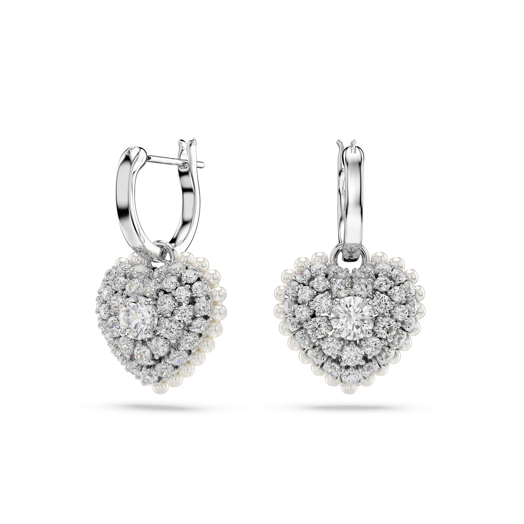 Swarovski Hyperbola Pearl & Crystal Heart Drop Earrings Rhodium Plated