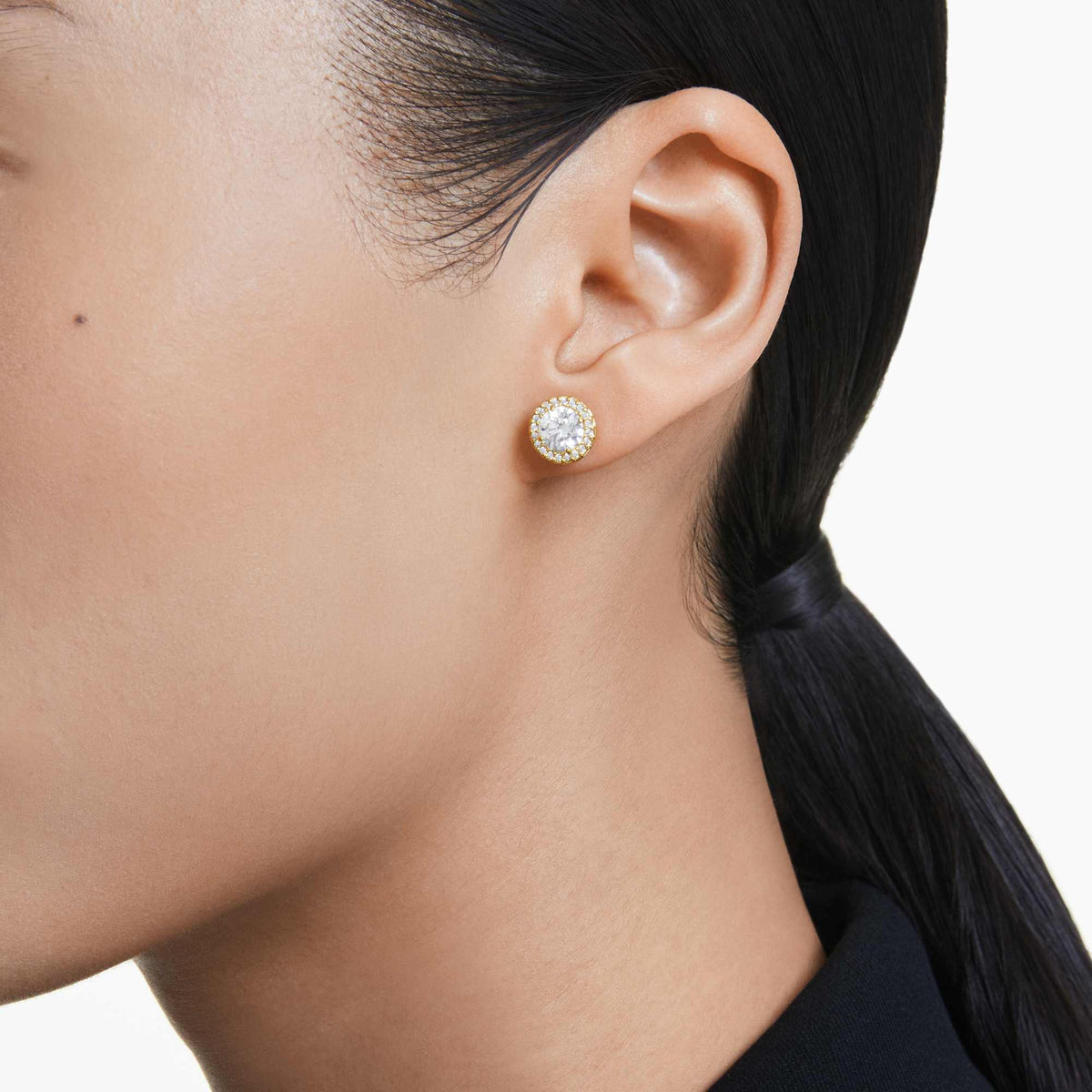 Swarovski Una stud earrings, Round cut, Gold-tone plated — view 3