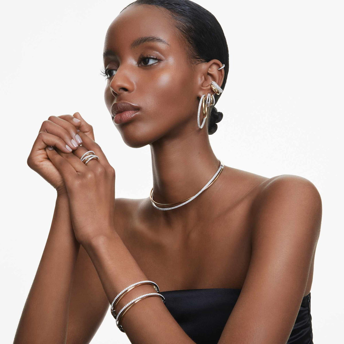 Swarovski Hyperbola Mixed Cut Zirconia Four Mini Loop Hoop Earrings Mixed Metal Finish — view 4