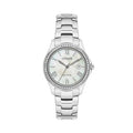 Close-up of the Citizen Ladies Silhouette watch with mother-of-pearl dial and crystal accents. Eco-Drive technology.