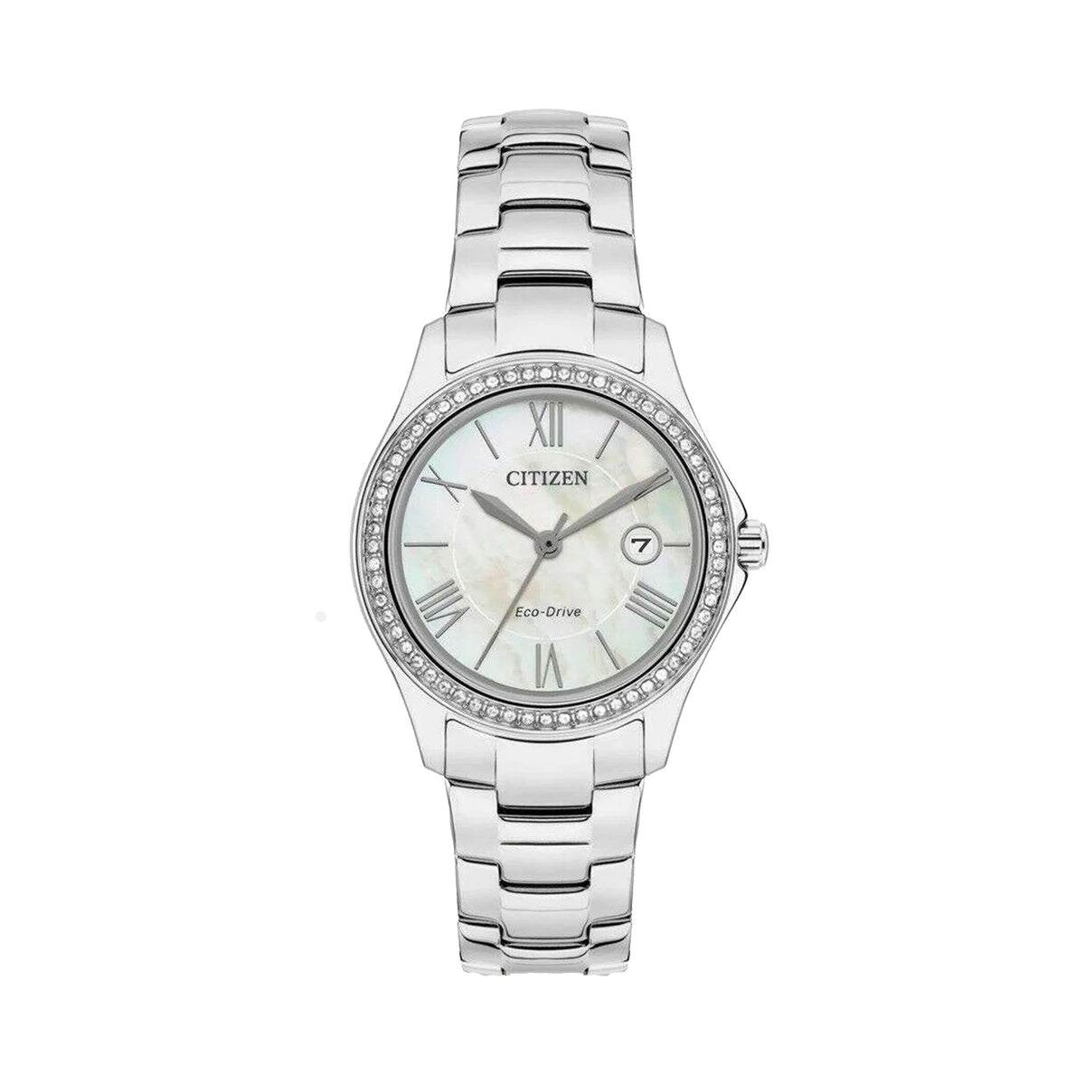 Close-up of the Citizen Ladies Silhouette watch with mother-of-pearl dial and crystal accents. Eco-Drive technology.