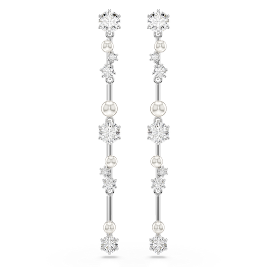 Swarovski Constella Pearl and Round Cut Crystal Drop Earrings Rhodium Plated