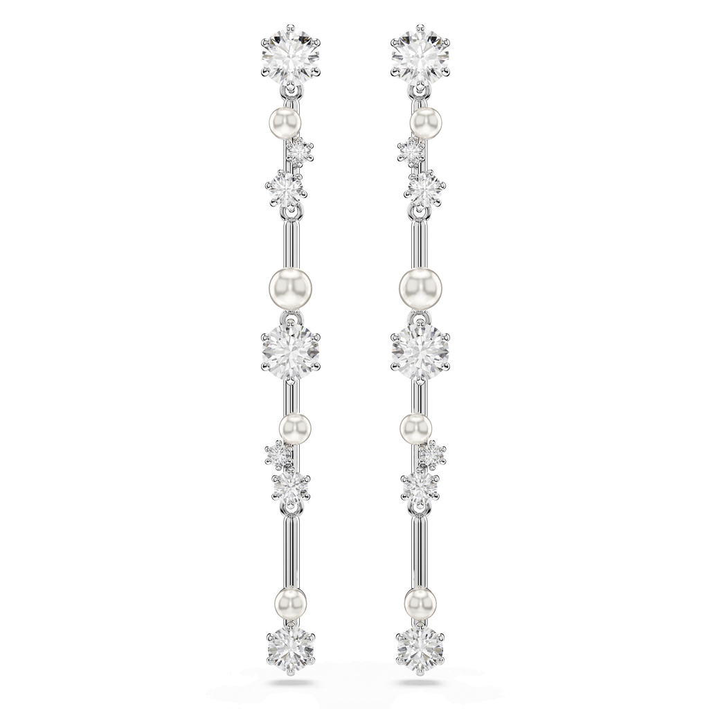 Swarovski Constella Pearl and Round Cut Crystal Drop Earrings Rhodium Plated