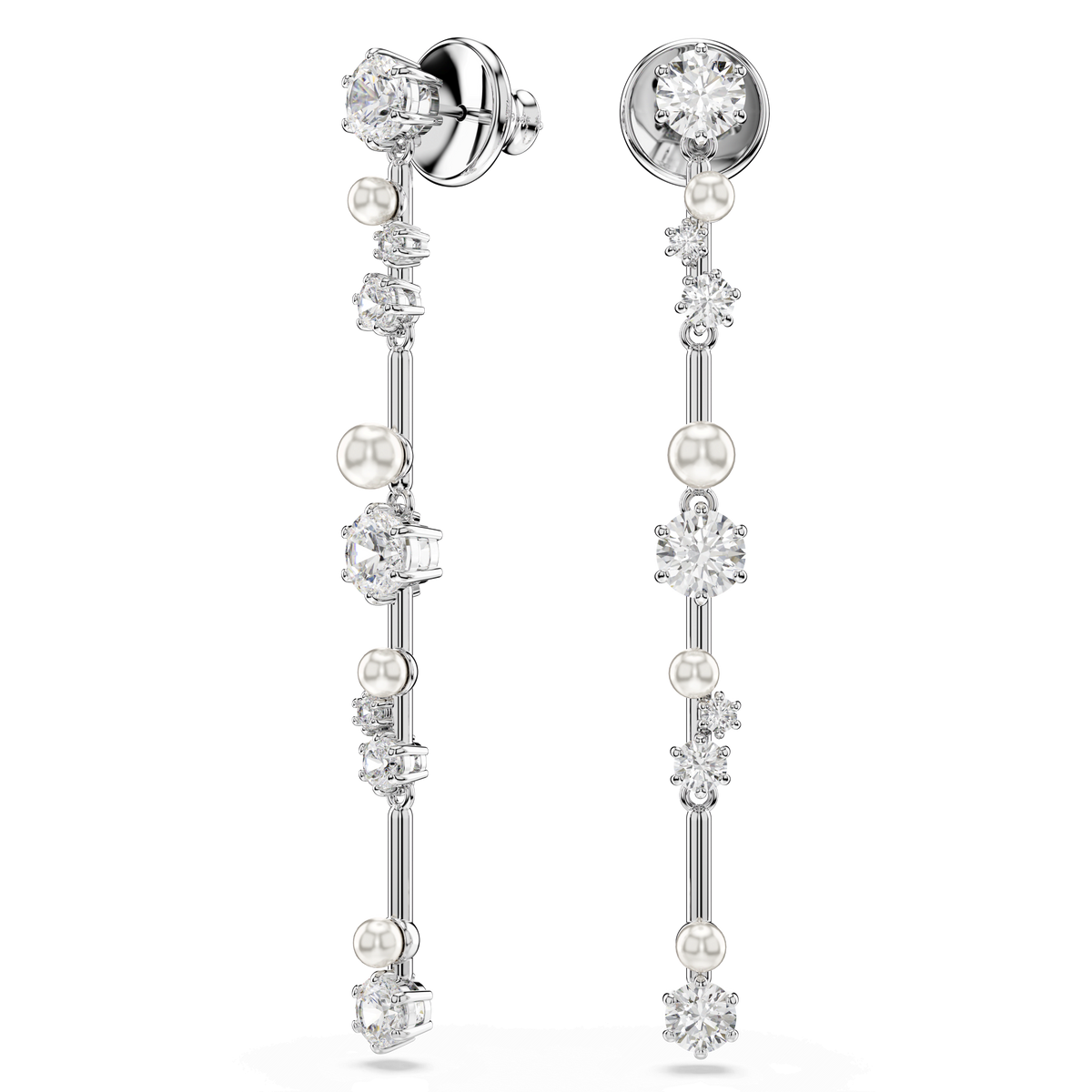 Swarovski Constella Pearl and Round Cut Crystal Drop Earrings Rhodium Plated — view 2