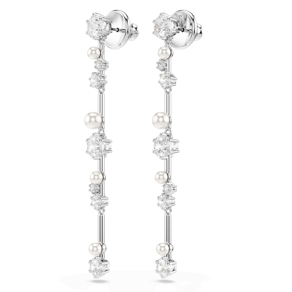 Swarovski Constella Pearl and Round Cut Crystal Drop Earrings Rhodium Plated — view 3