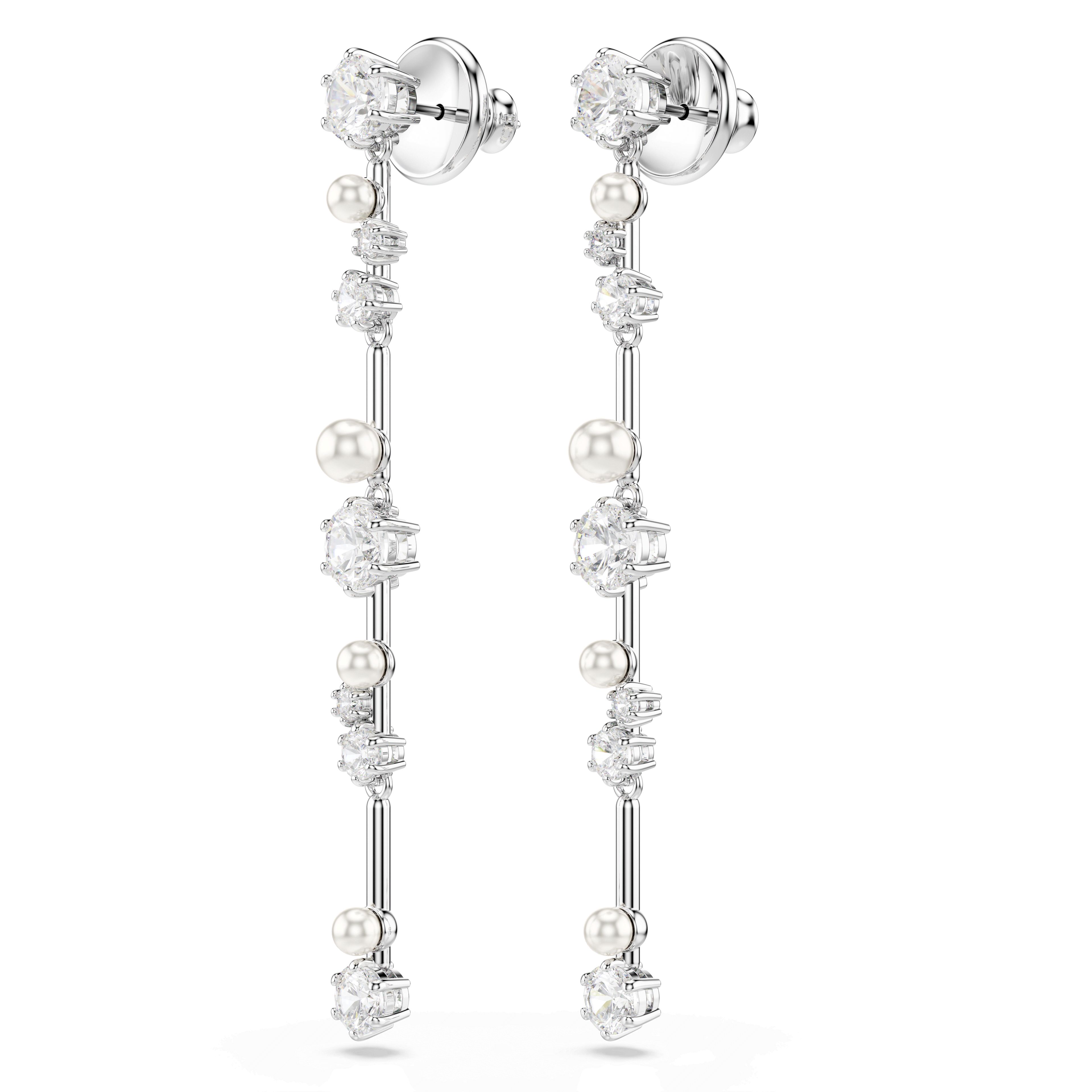 Swarovski Constella Pearl and Round Cut Crystal Drop Earrings Rhodium Plated — view 3