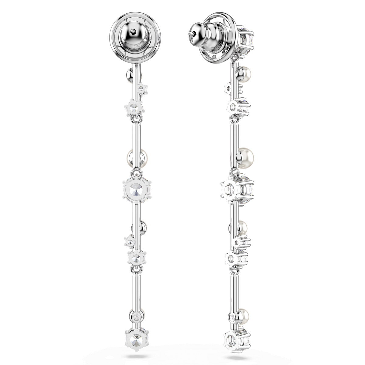 Swarovski Constella Pearl and Round Cut Crystal Drop Earrings Rhodium Plated — view 4