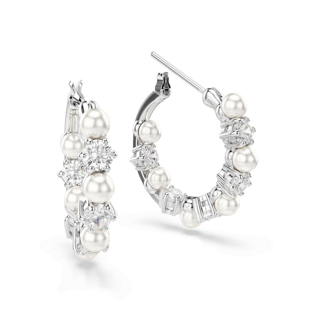 Swarovski Crytstal and Pearl Matrix Hoop Earrings Rhodium Plated — view 3