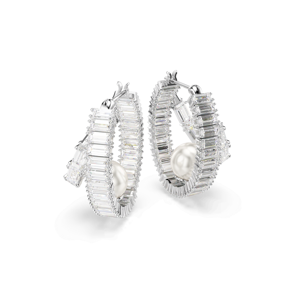 Swarovski Ariana Grande x Baguette Crystal With Crystal Pearl Double Hoop Earrings — view 3