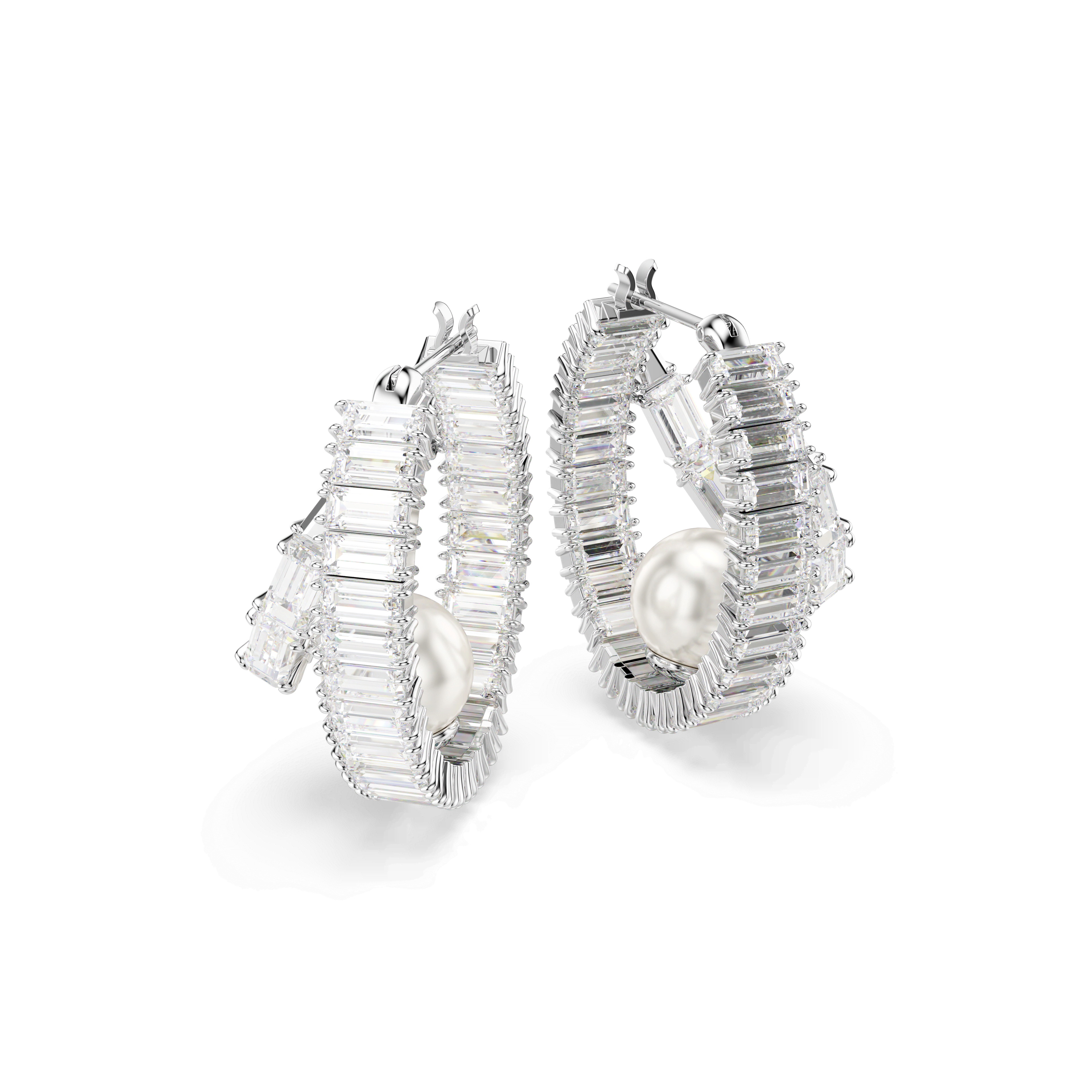 Swarovski Ariana Grande x Baguette Crystal With Crystal Pearl Double Hoop Earrings — view 3