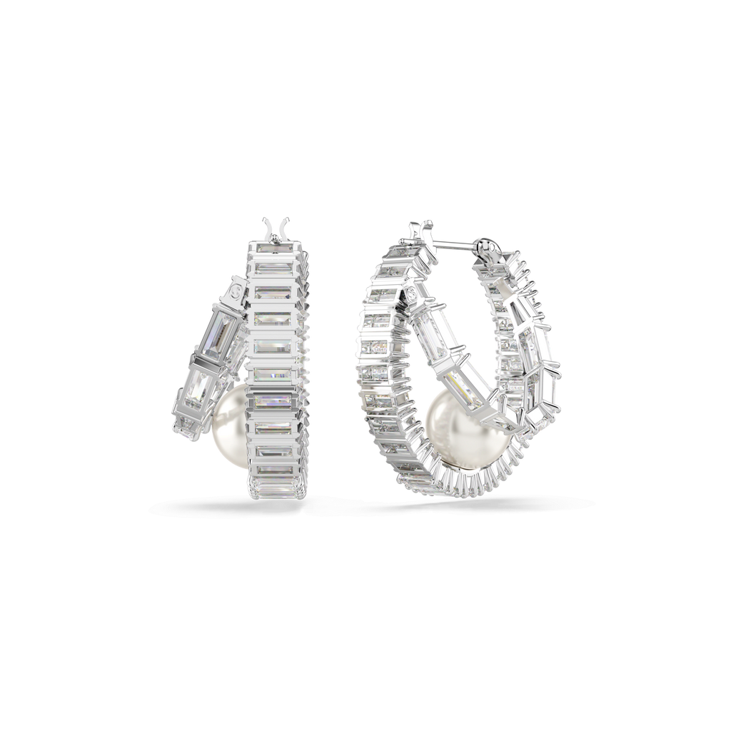 Swarovski Ariana Grande x Baguette Crystal With Crystal Pearl Double Hoop Earrings — view 4