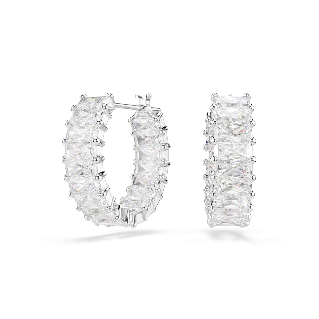 Swarovski Matrix Baguette Cut Zirconia Hoop Earrings Rhodium Plated