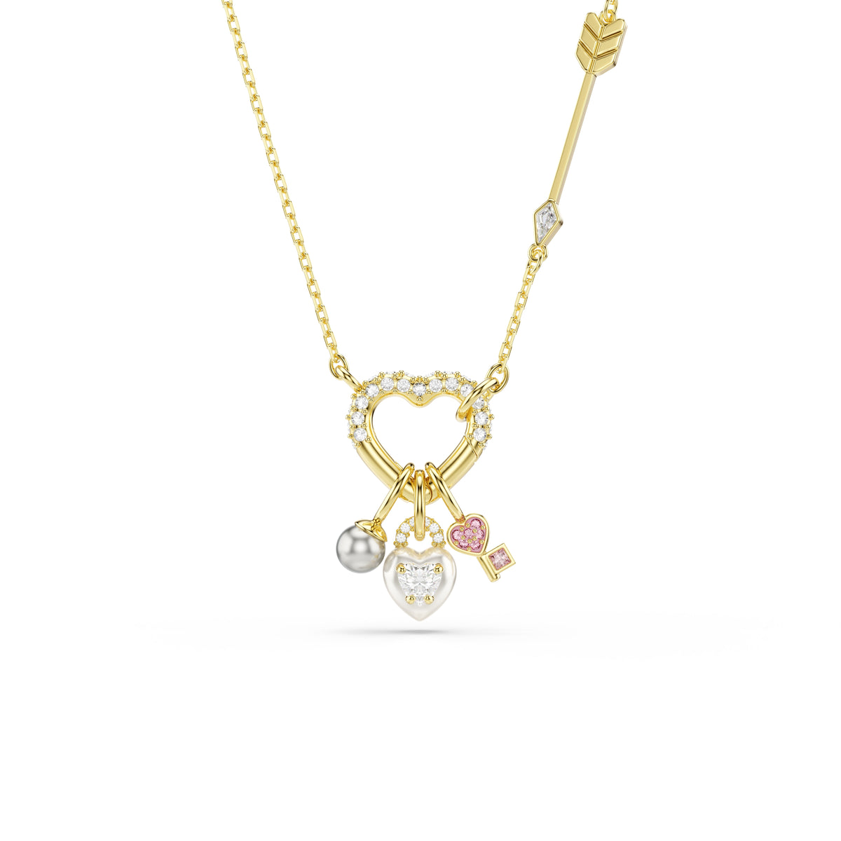 Swarovski Idyllia Gold Plated Heart With Key, Heart & Pearl Charm Necklace