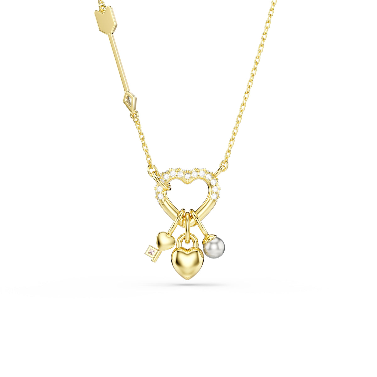 Swarovski Idyllia Gold Plated Heart With Key, Heart & Pearl Charm Necklace — view 5