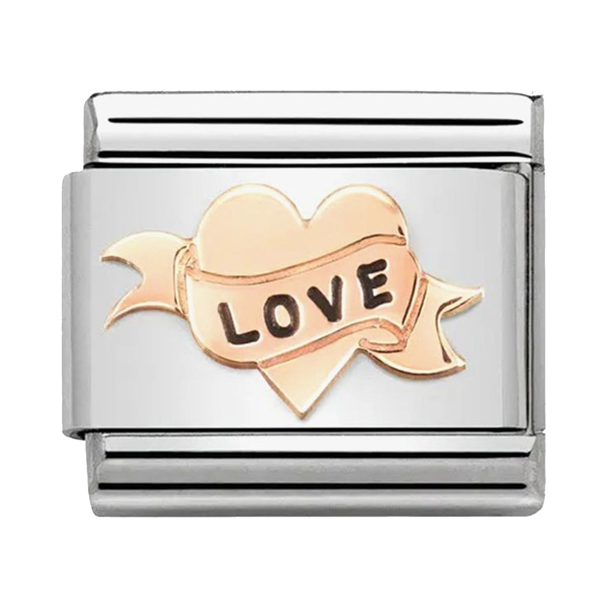 Nomination Composable Link showing a heart with a "LOVE" banner, crafted in 9ct rose gold and steel.