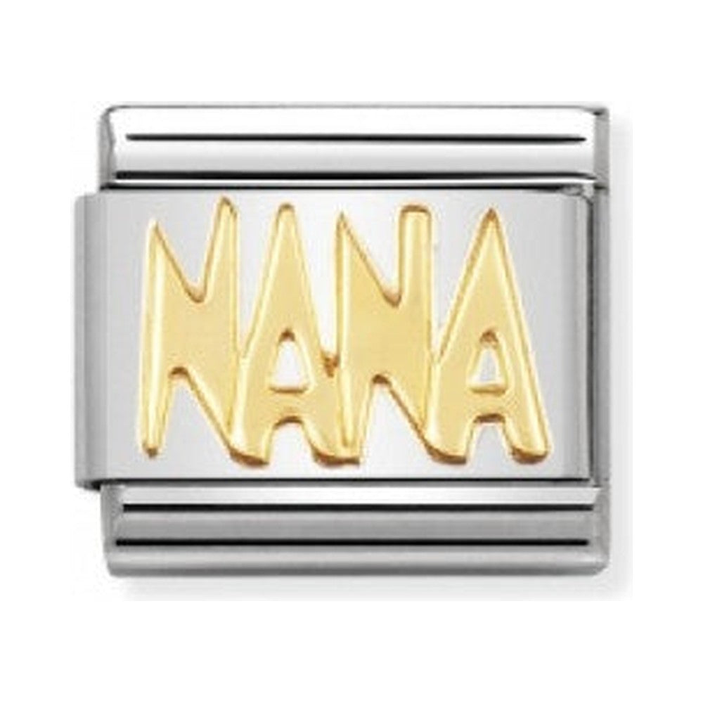 Composable Nomination bracelet link featuring "NANA" in 18k gold letters. A sentimental family gift.
