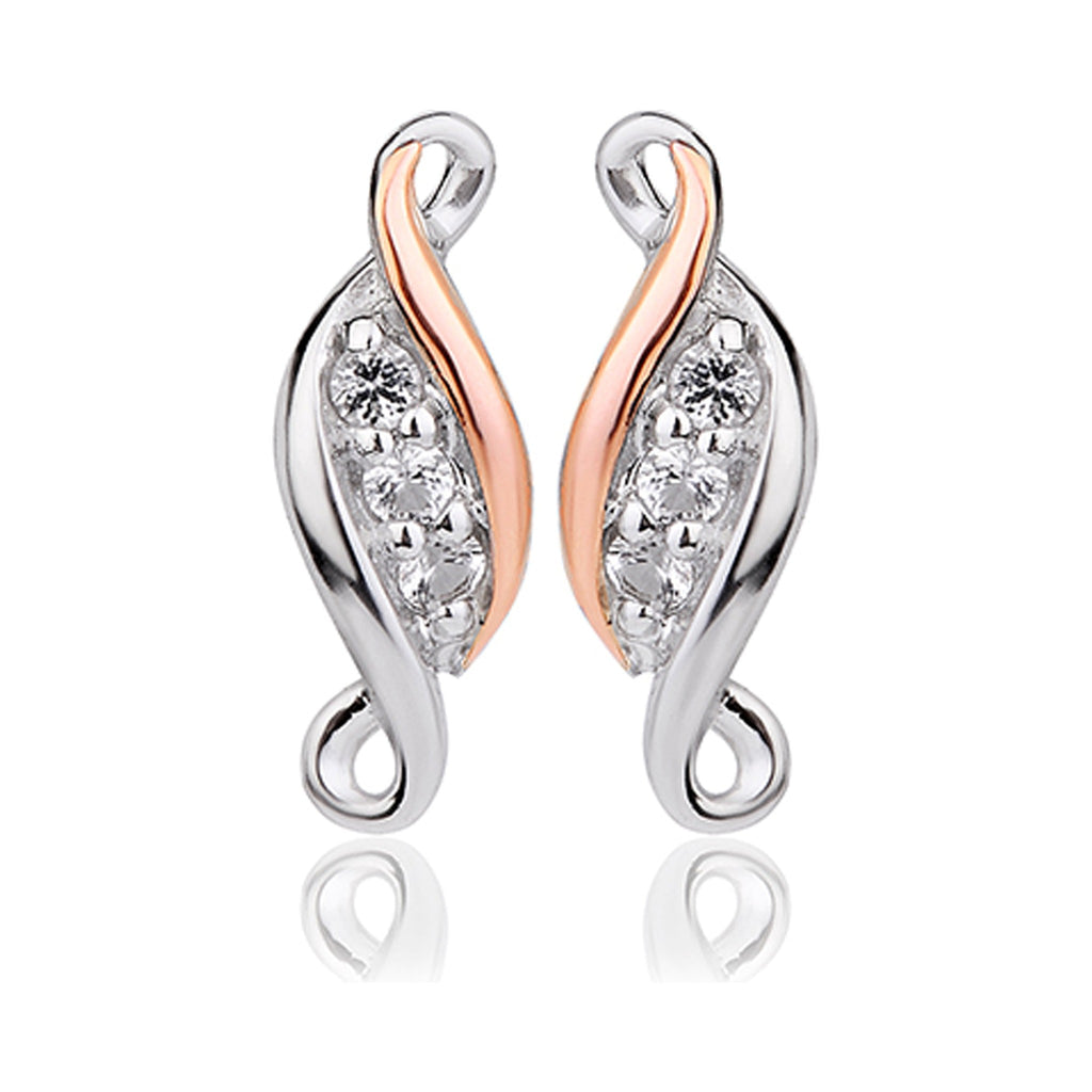 Elegant Clogau earrings showcasing a past, present, future design in sterling silver with white topaz accents.