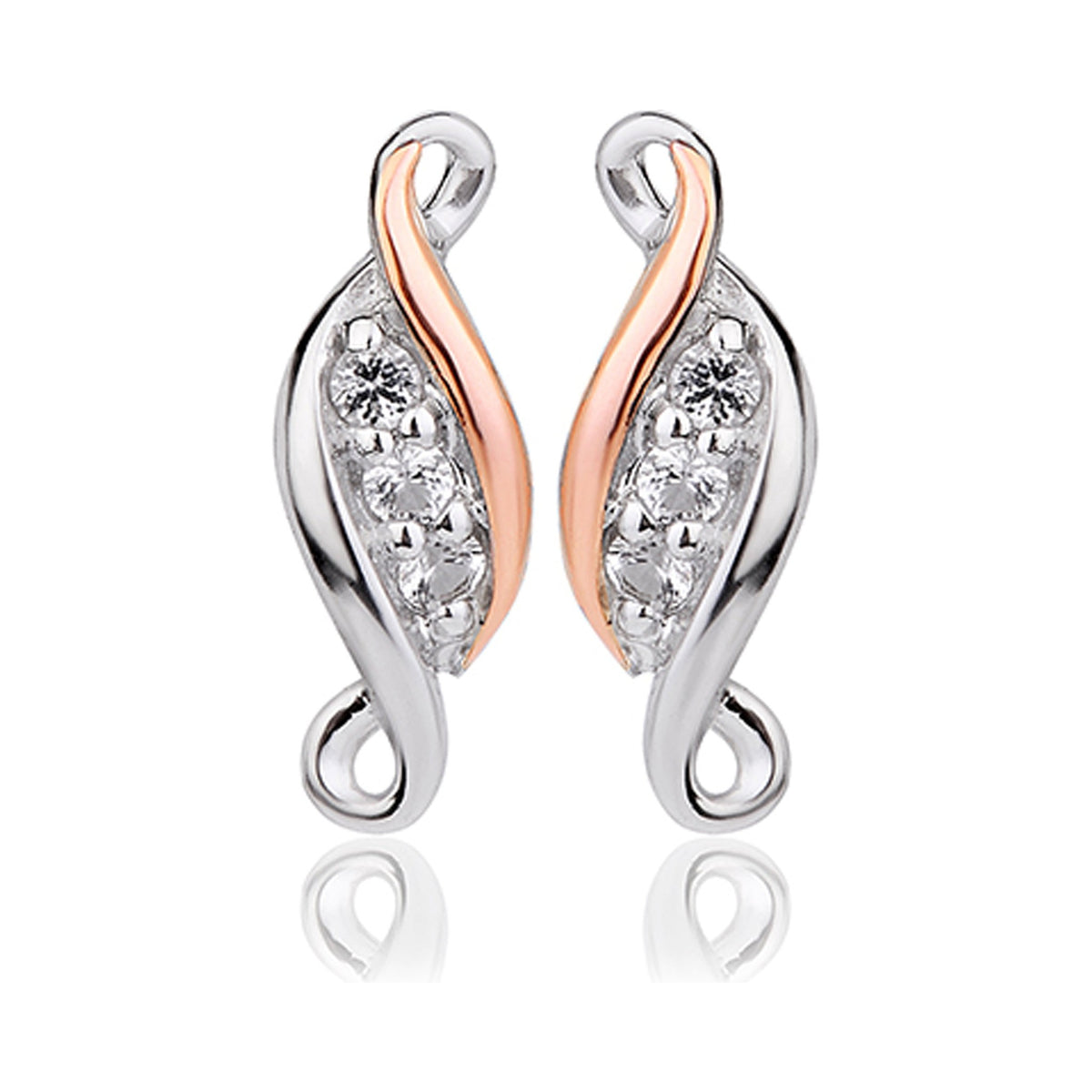 Elegant Clogau earrings showcasing a past, present, future design in sterling silver with white topaz accents.