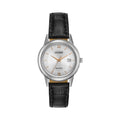 Citizen Eco Drive watch featuring a silver dial, date display, and elegant black leather strap.