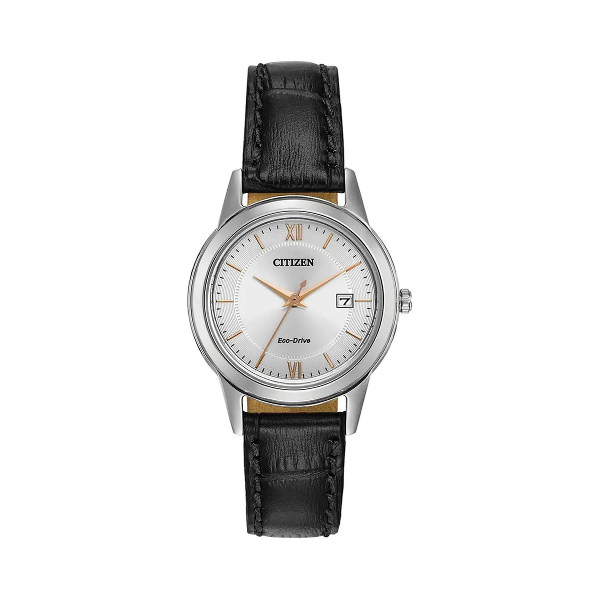 Citizen Eco Drive watch featuring a silver dial, date display, and elegant black leather strap.