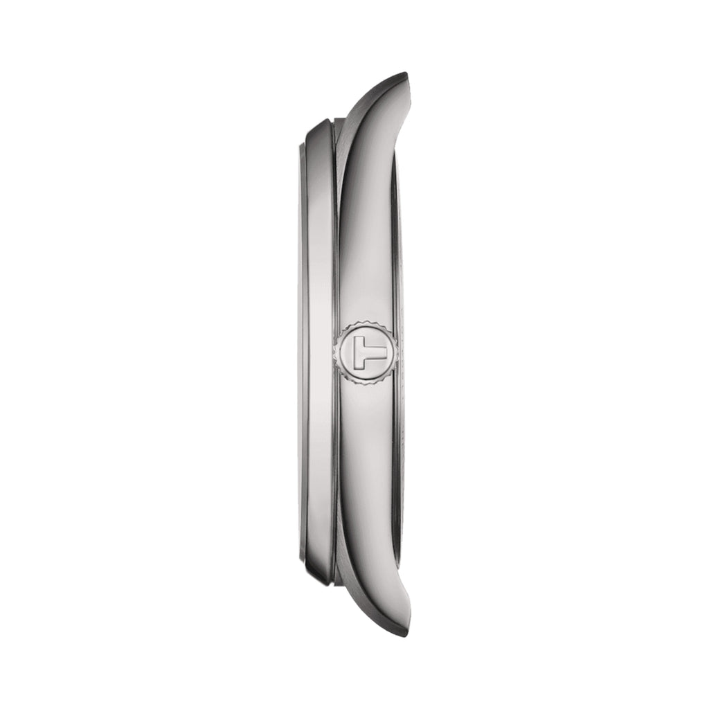 Side profile of the Tissot PR100 watch showcasing its stainless steel case and the 'T' logo on the crown.