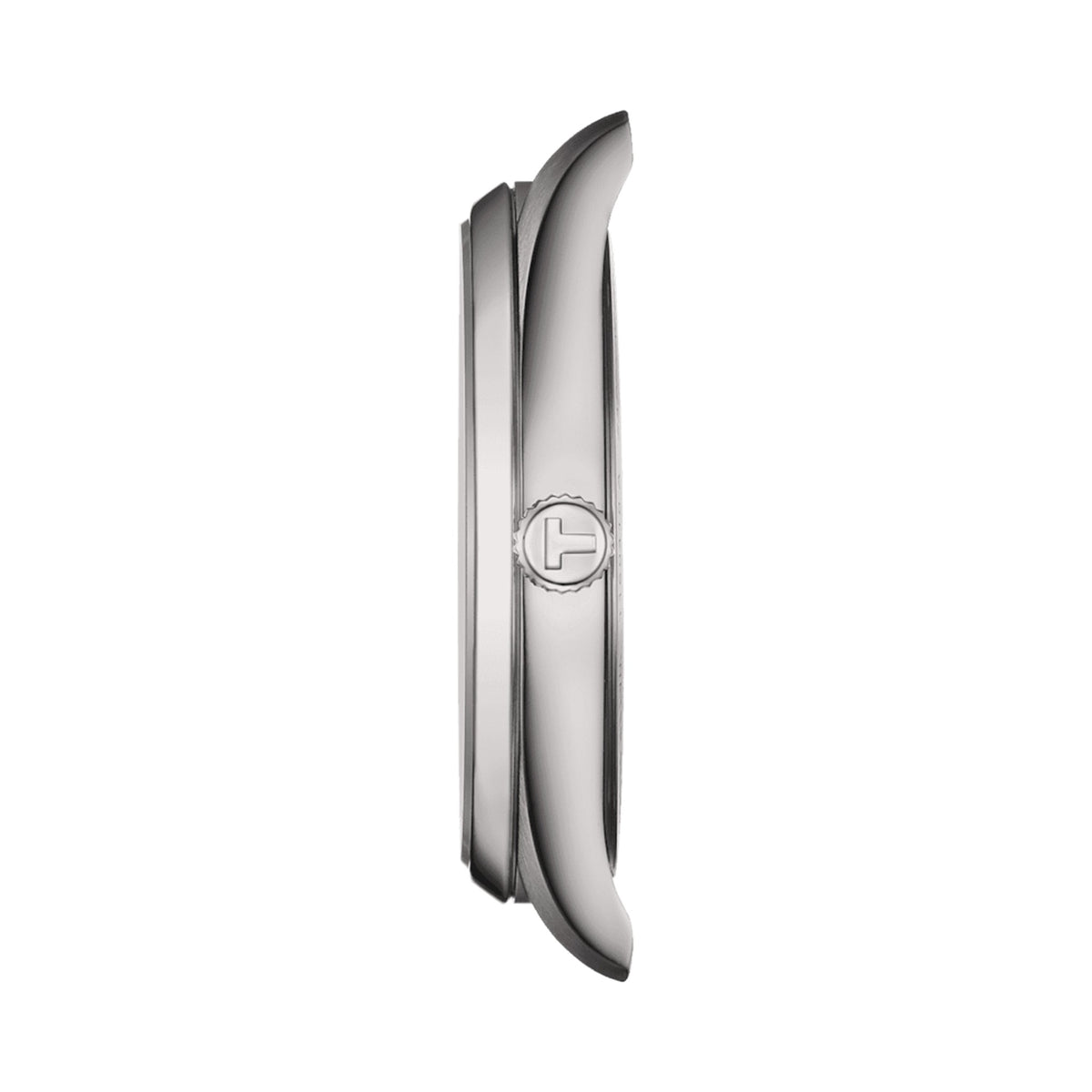 Side profile of the Tissot PR100 watch showcasing its stainless steel case and the 'T' logo on the crown.