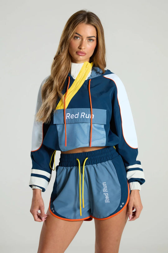Women's Red Run Cropped Diagonal Windbreaker and Colour Block Shorts Set