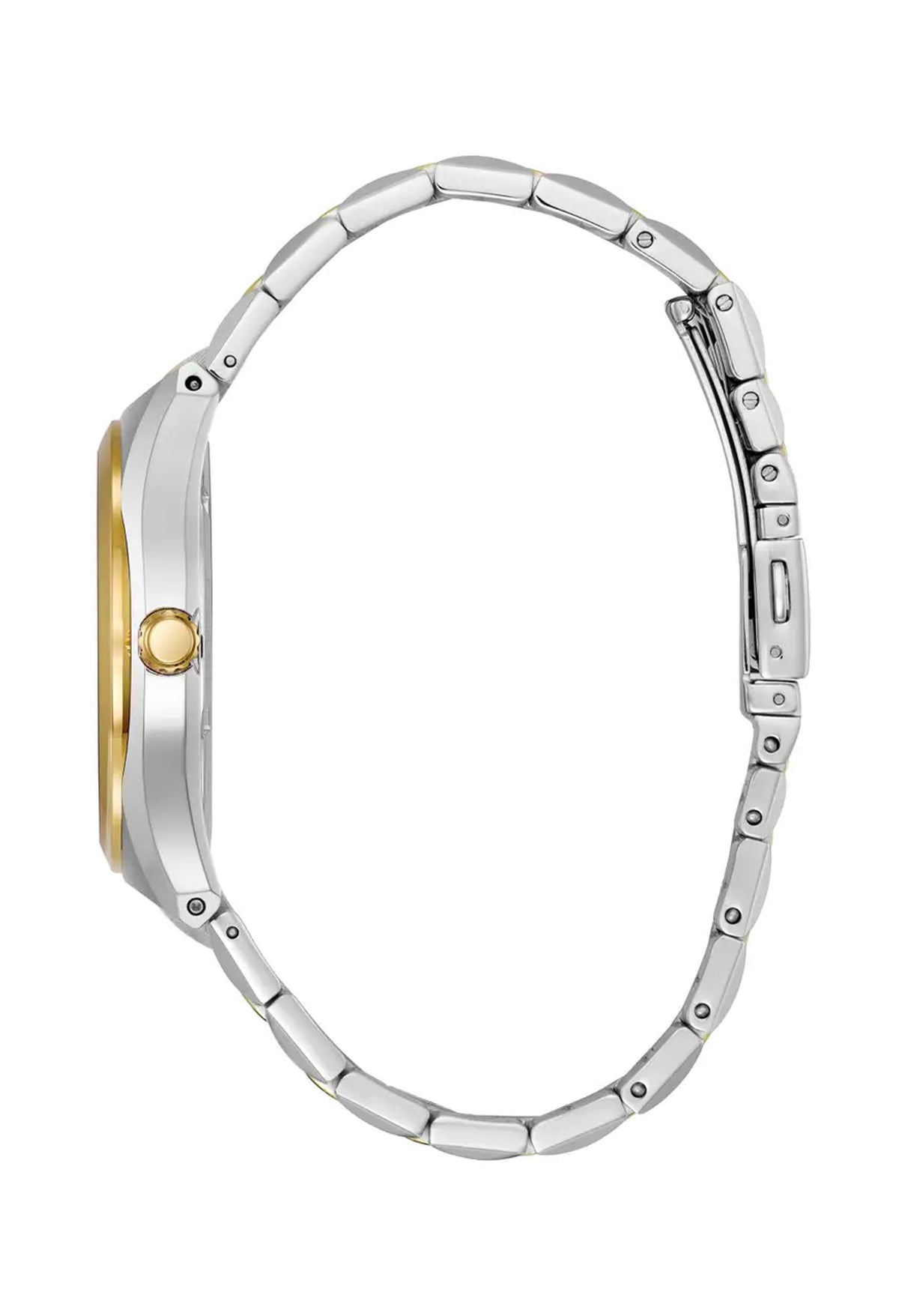 Side view of the Citizen Corso Eco-Drive watch, showcasing the silver and gold-tone bracelet and dial.