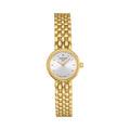 Gold Tissot ladies watch, Lovely Round collection, showcasing the silver dial & gold-plated band. Swiss Made 1853.