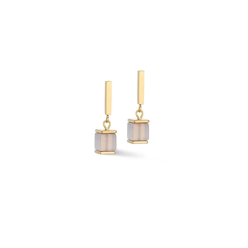 Coeur De Lion earrings: Gold plated bar and cube with a semi-transparent grey and nude crystal stone.