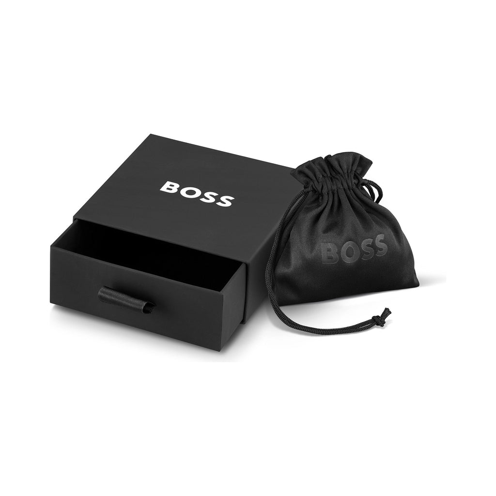Boss gold-plated stainless steel bracelet arrives in branded gift box with storage bag, ready for gifting.