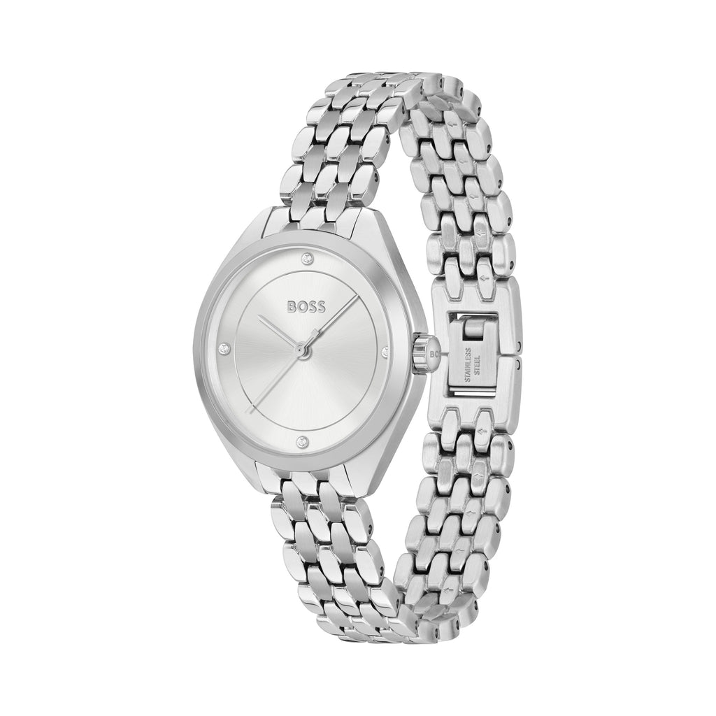 Boss ladies watch featuring a silver dial, stainless steel bracelet, and crystal accents, highlighting feminine elegance.