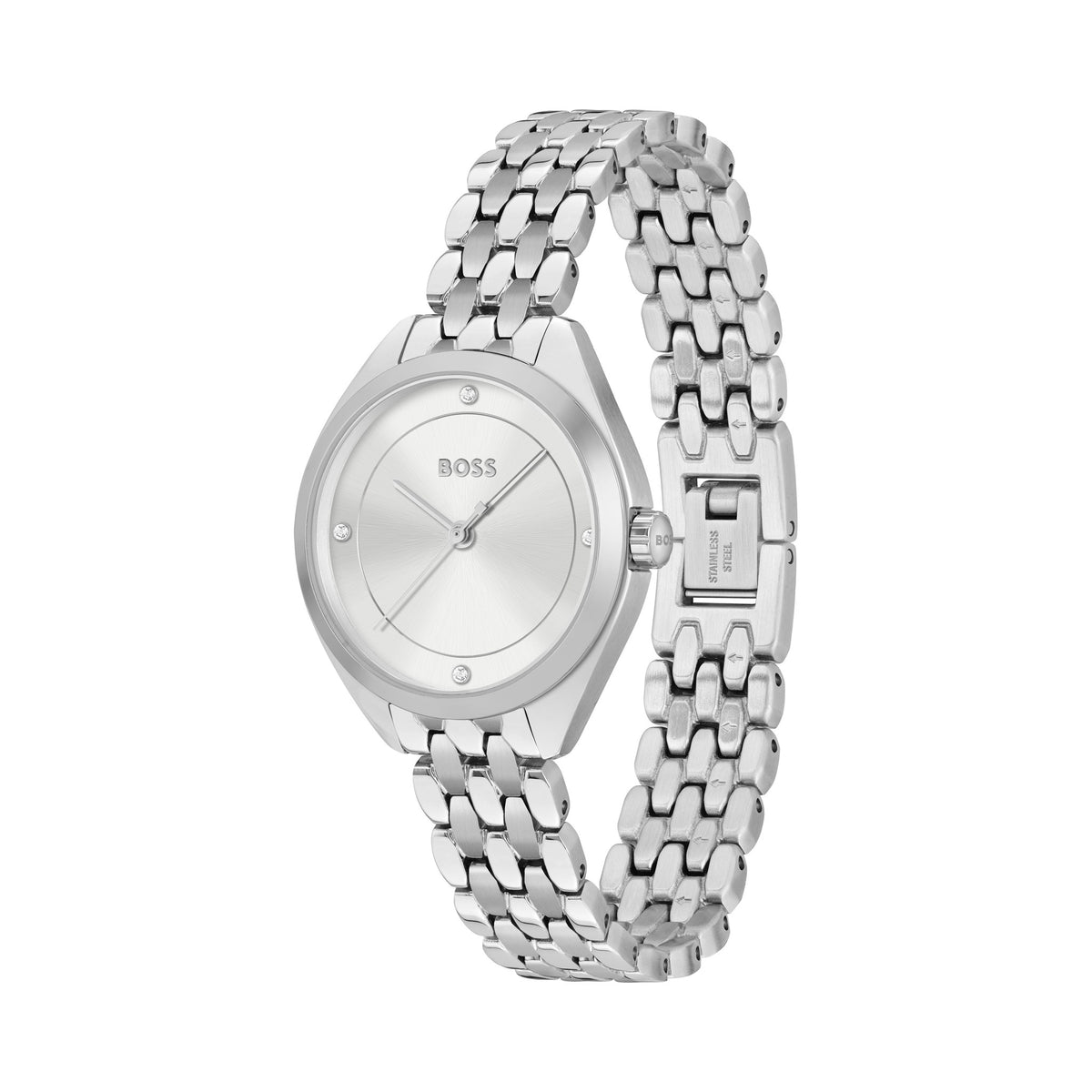 Boss ladies watch featuring a silver dial, stainless steel bracelet, and crystal accents, highlighting feminine elegance.