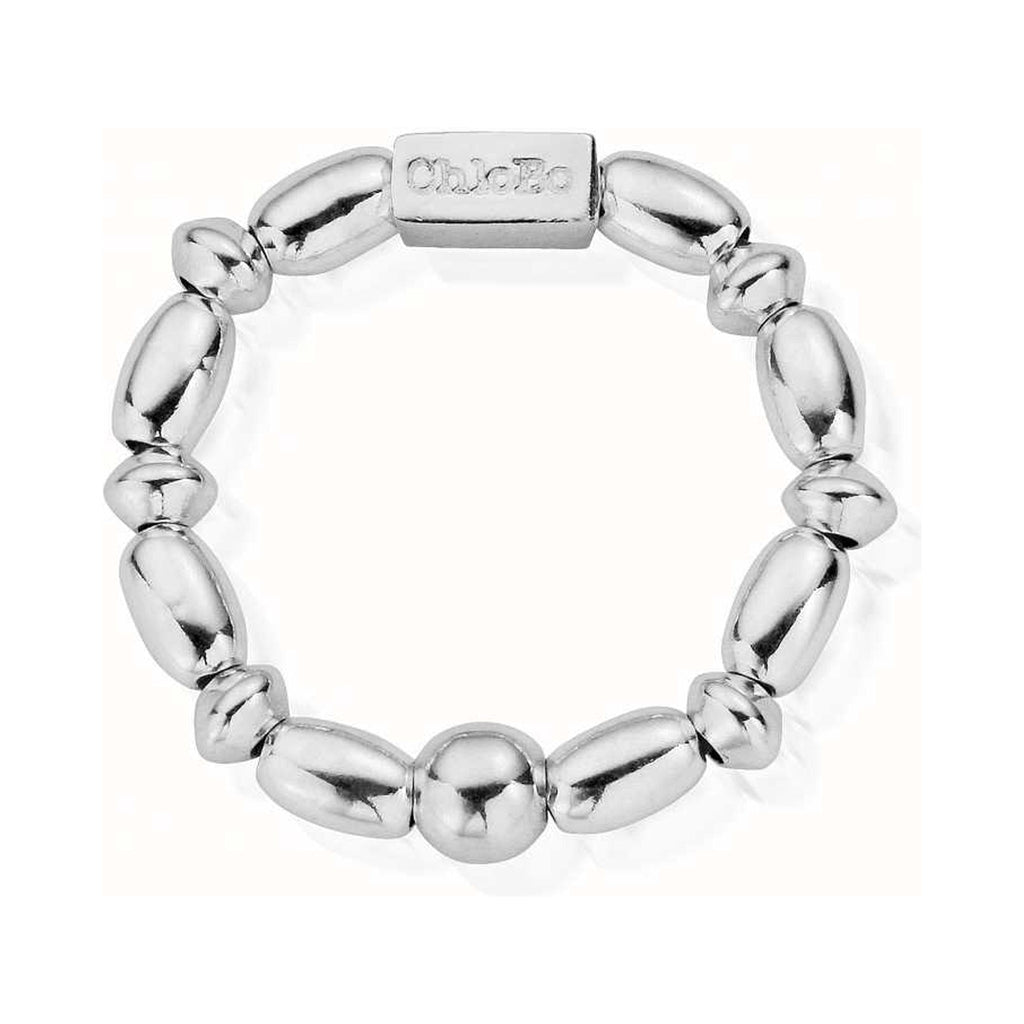 ChloBo silver ring with mini rice beads and 3mm discs, 4mm beads. Elegant jewelry design.