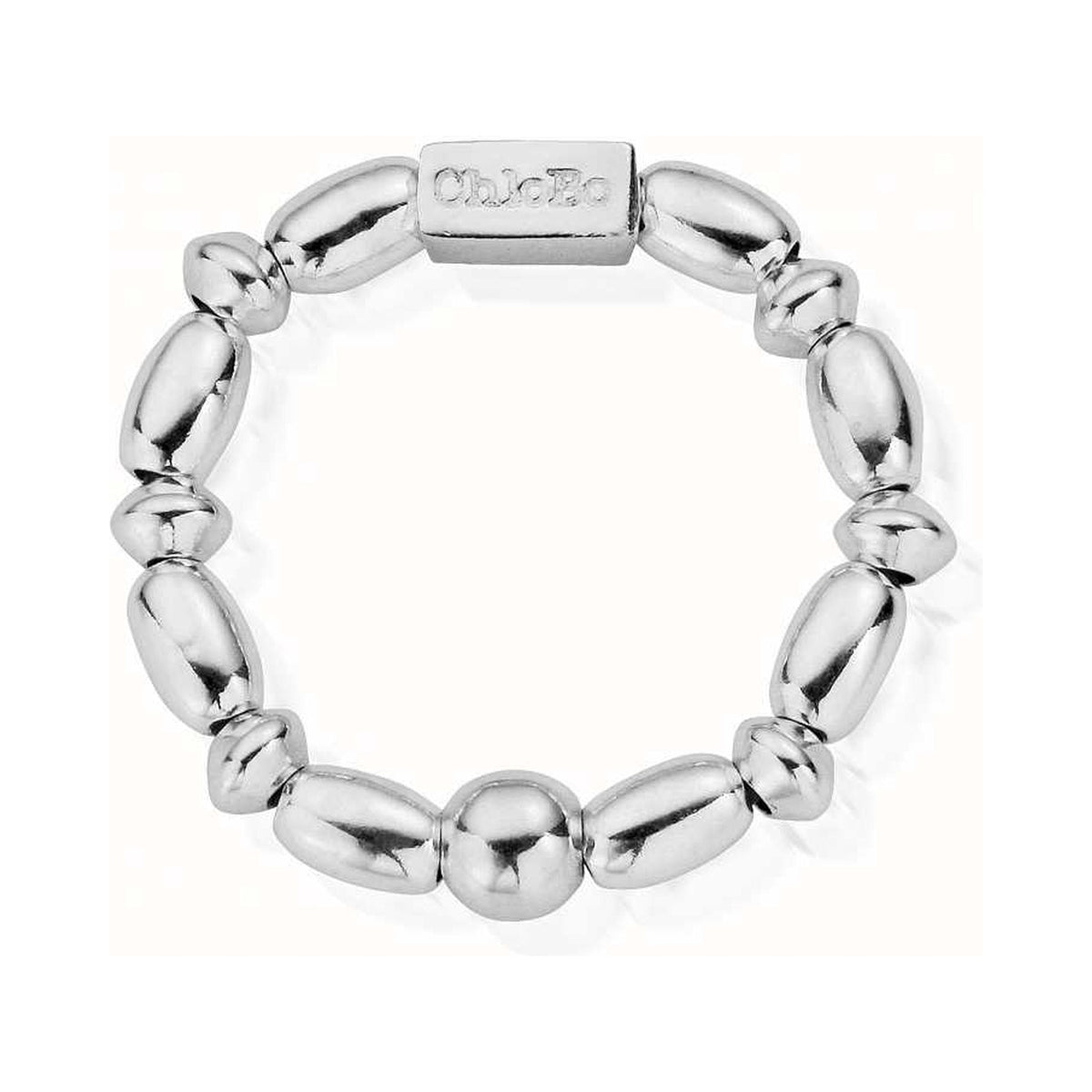 ChloBo silver ring with mini rice beads and 3mm discs, 4mm beads. Elegant jewelry design.