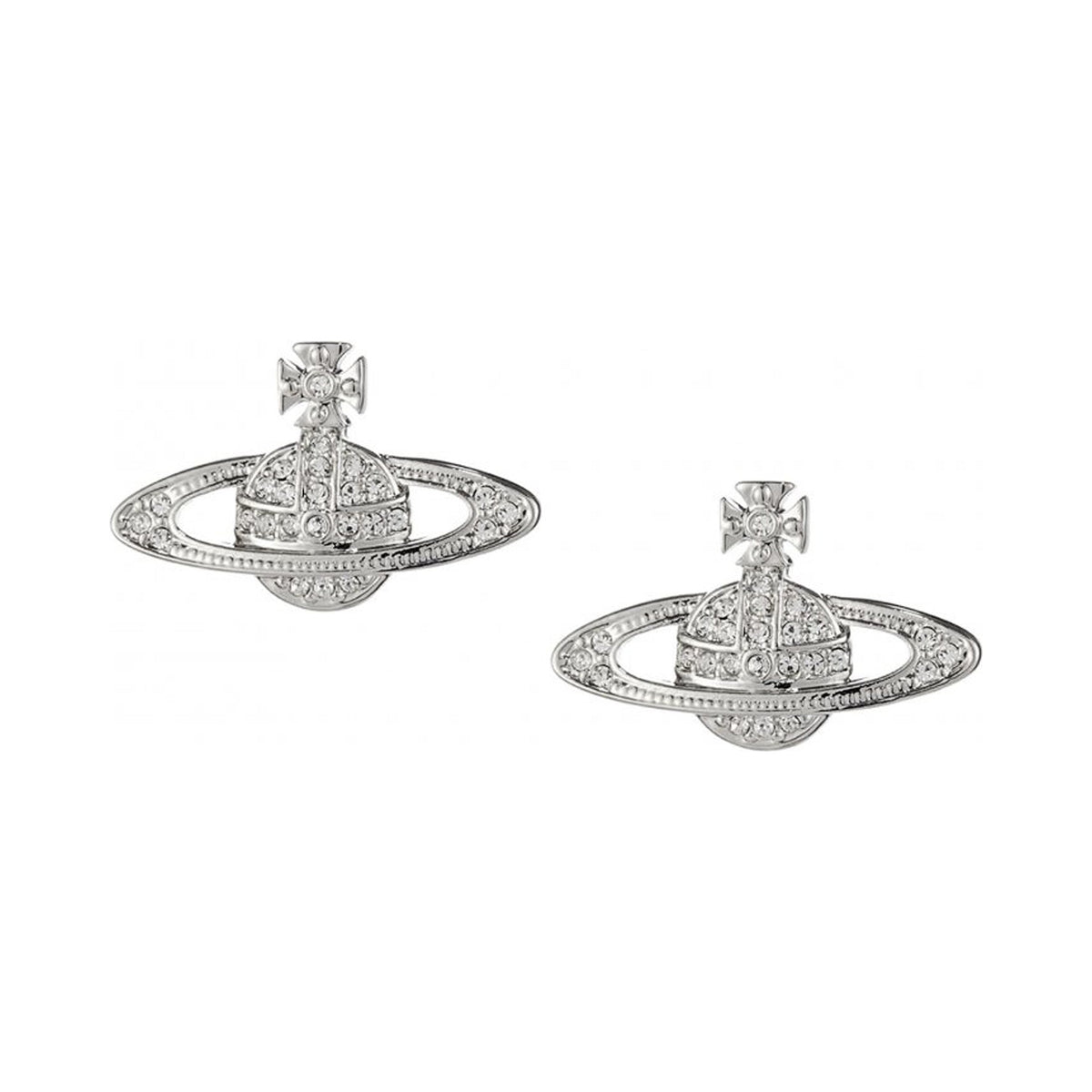 Close-up of Vivienne Westwood Mini Bas Relief earrings. Platinum-tone orb jewelry with encrusted crystal accents.