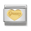 Composable Nomination charm featuring a gold heart with "Granny" inscription; a loving gift idea.