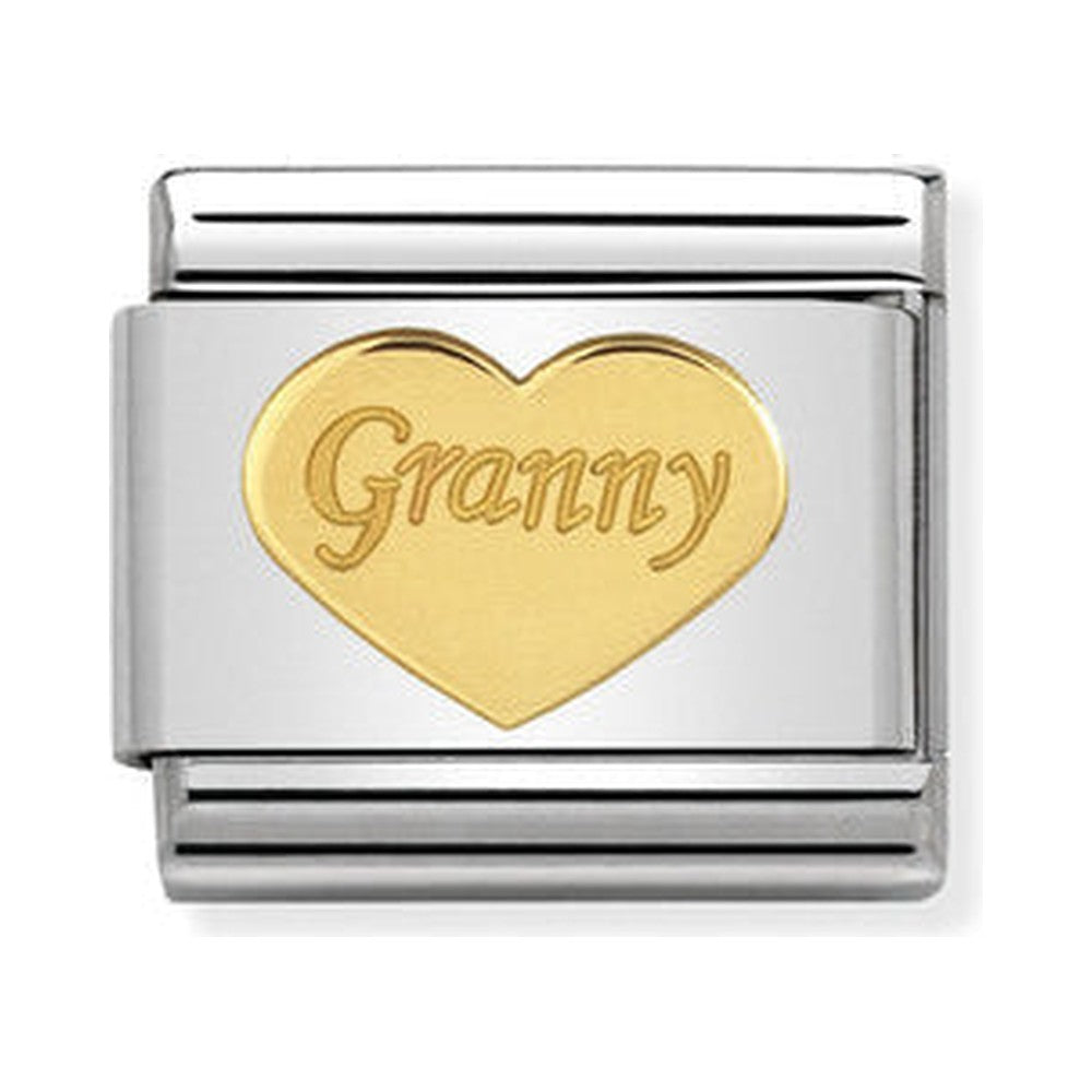 Composable Nomination charm featuring a gold heart with "Granny" inscription; a loving gift idea.