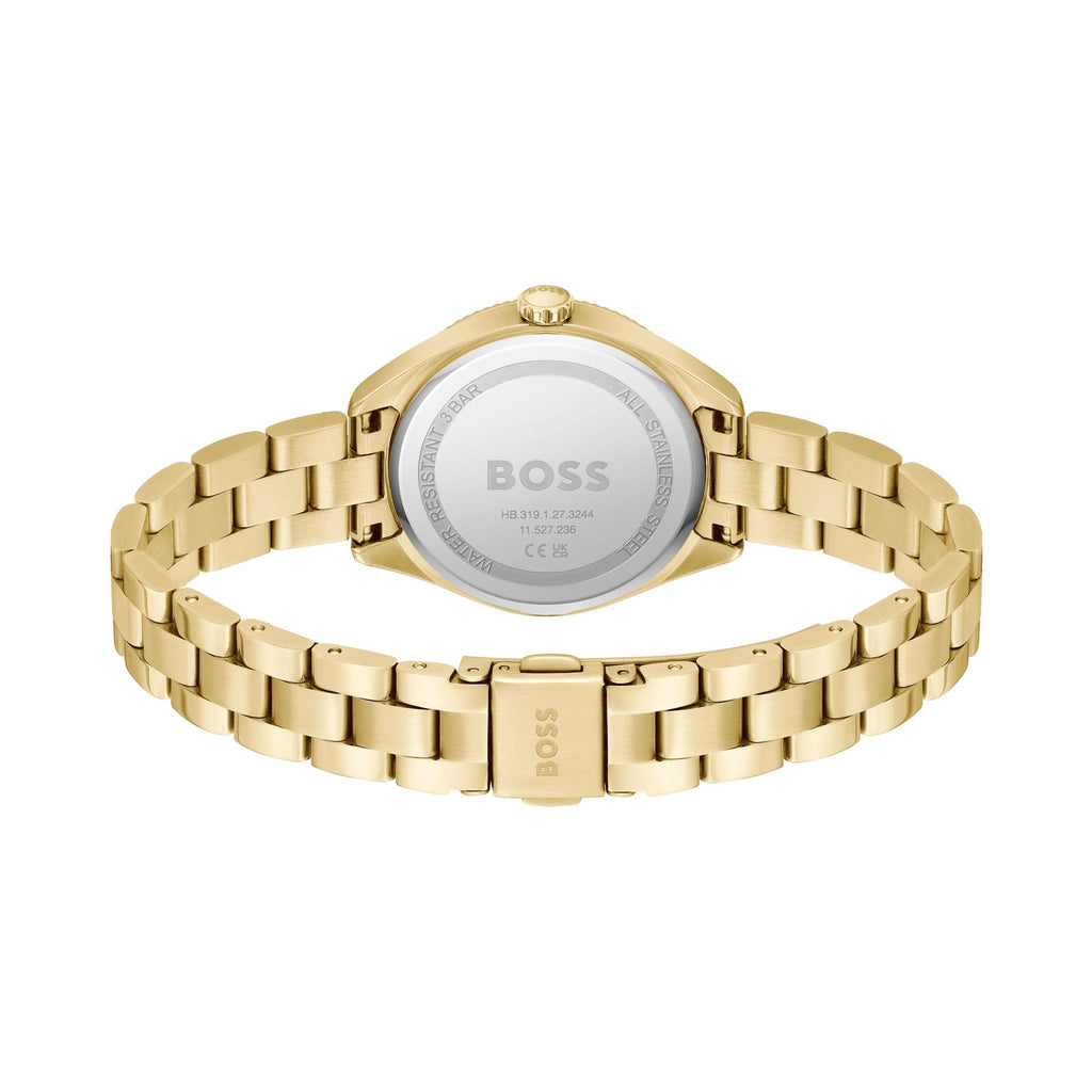 Back view of the BOSS Ladies Sage Green Dial watch, showing the gold-plated bracelet and stainless steel case.