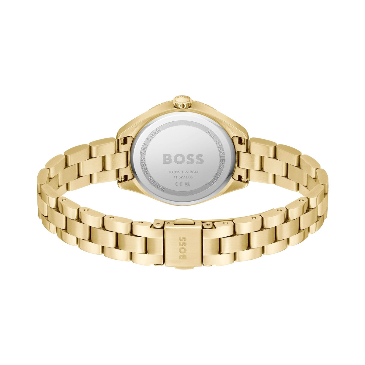 Back view of the BOSS Ladies Sage Green Dial watch, showing the gold-plated bracelet and stainless steel case.