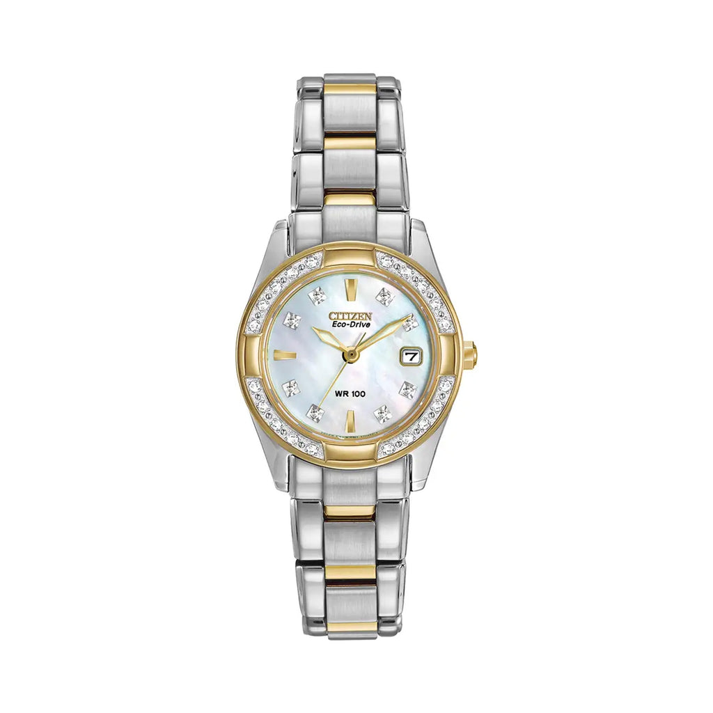 Citizen Eco Drive Regent watch showcasing the diamond-set bezel and mother-of-pearl dial. On-image text: "Citizen Eco-Drive,