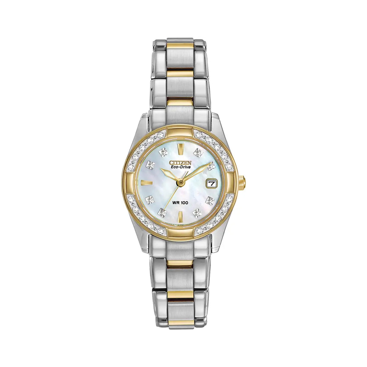 Citizen Eco Drive Regent watch showcasing the diamond-set bezel and mother-of-pearl dial. On-image text: "Citizen Eco-Drive,