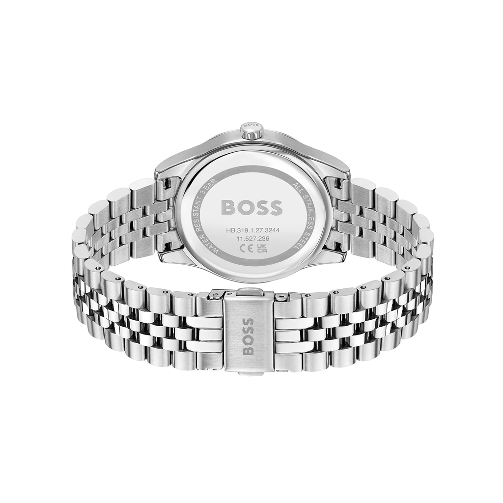 Back view of BOSS ladies watch showing stainless steel bracelet, case back with "BOSS" logo, & model number HB.319.1.27.3244.