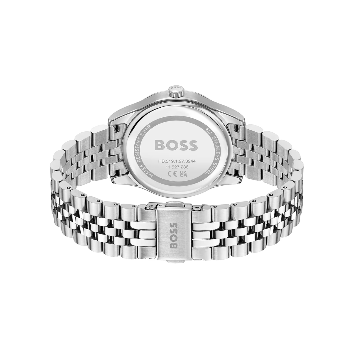 Back view of BOSS ladies watch showing stainless steel bracelet, case back with "BOSS" logo, & model number HB.319.1.27.3244.