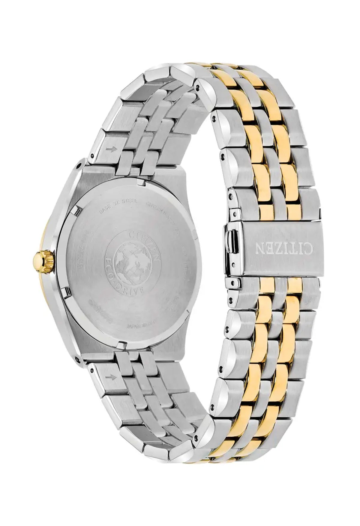 Back view of Citizen Corso Eco-Drive watch showcasing stainless steel and gold-tone bracelet and Eco-Drive technology.