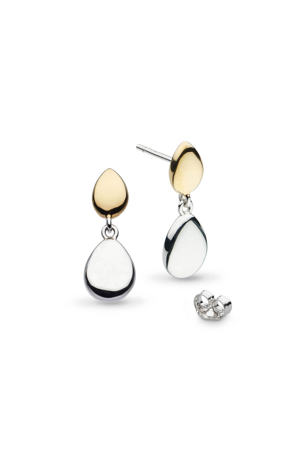 Silver droplet earrings with gold pebble studs from the Kit Heath Golden Coast collection, shown with earring back.