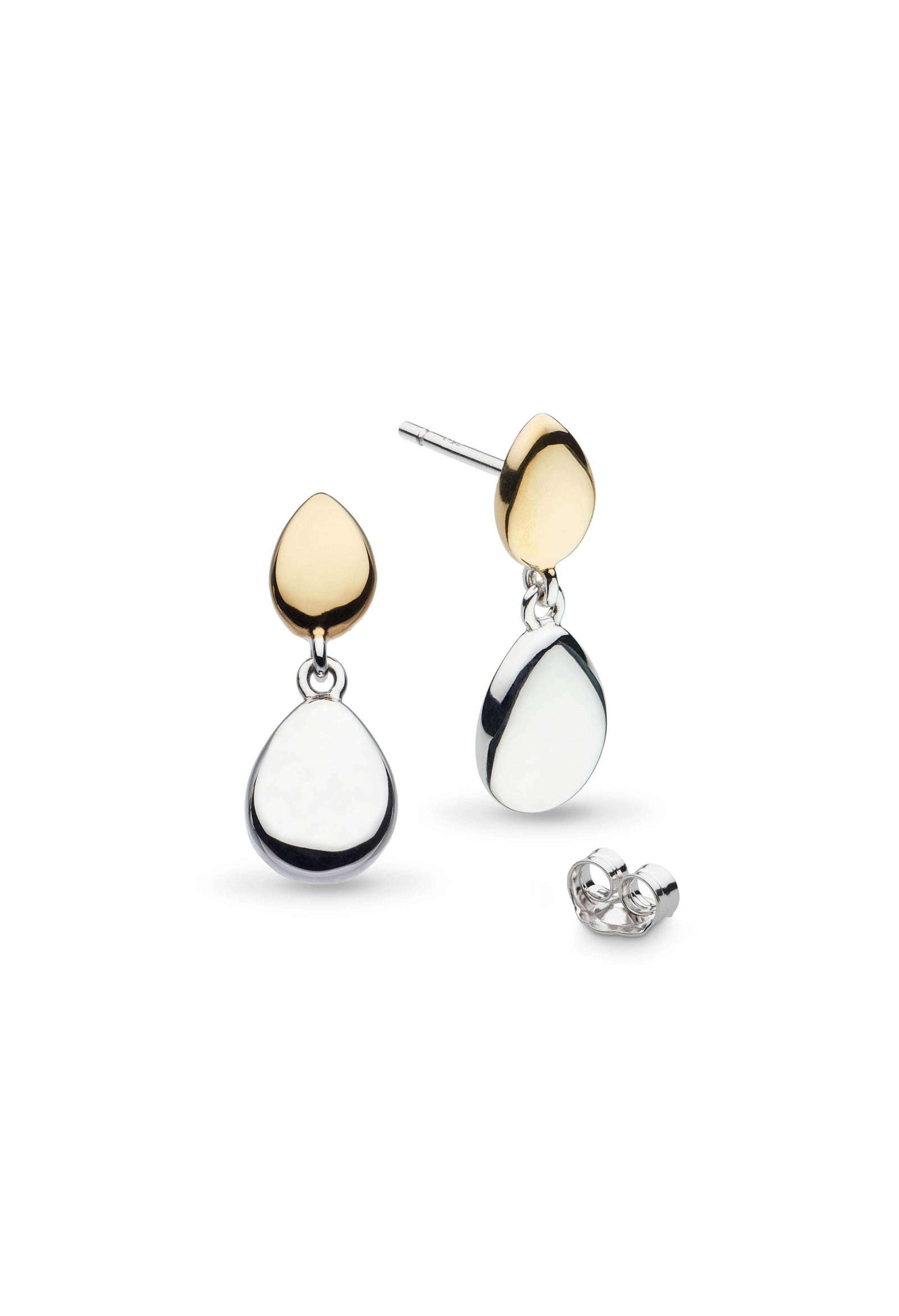 Silver droplet earrings with gold pebble studs from the Kit Heath Golden Coast collection, shown with earring back.