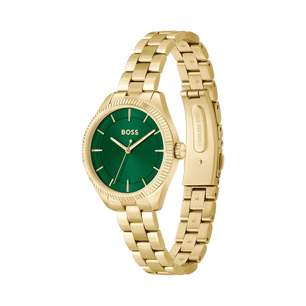 Close-up of the BOSS ladies watch featuring a sage green dial, gold plated bracelet, showcasing its design.