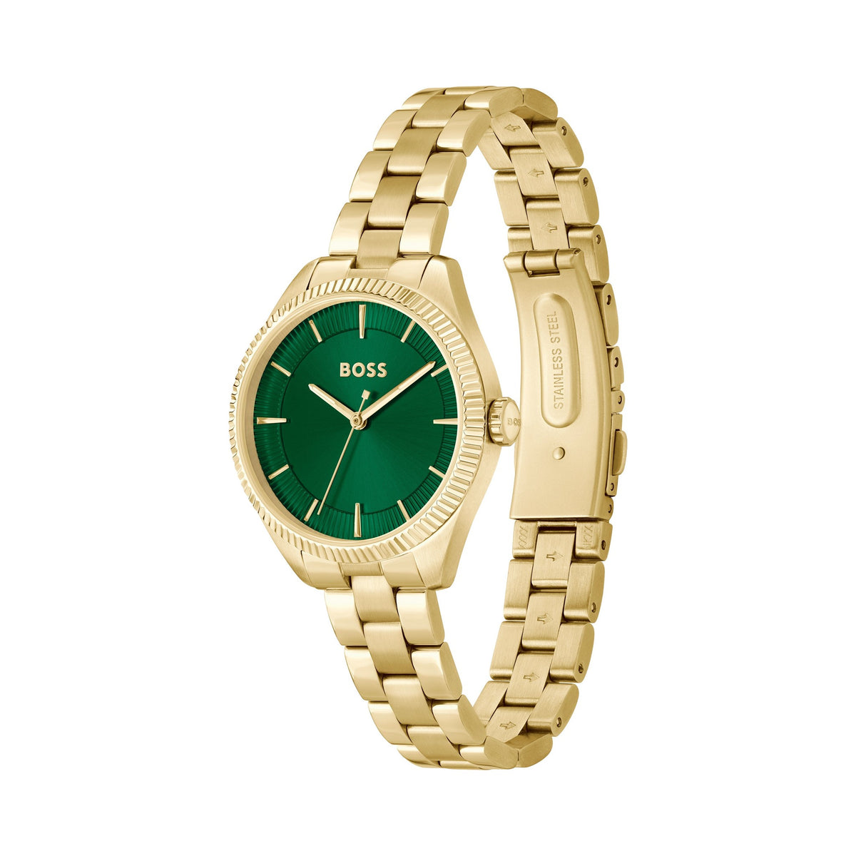 Close-up of the BOSS ladies watch featuring a sage green dial, gold plated bracelet, showcasing its design.