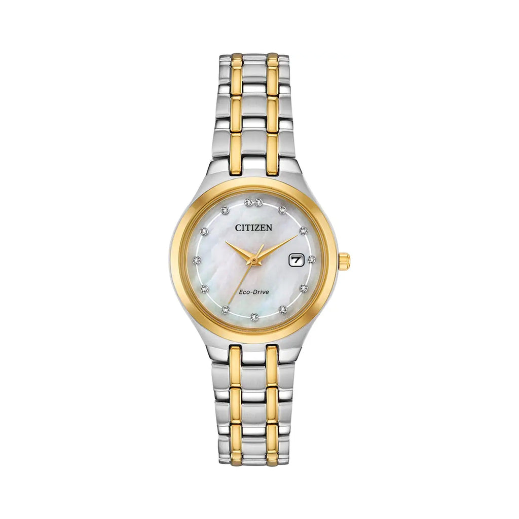 Citizen Eco-Drive ladies watch displaying the mother of pearl dial, diamond accents, and two-tone band.